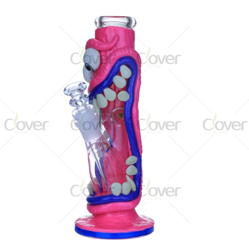 8.66" Glow in the Dark Monster Mouth Bong – 3D Pink Cartoon Dab Rig with UV Teeth & Big Eyes