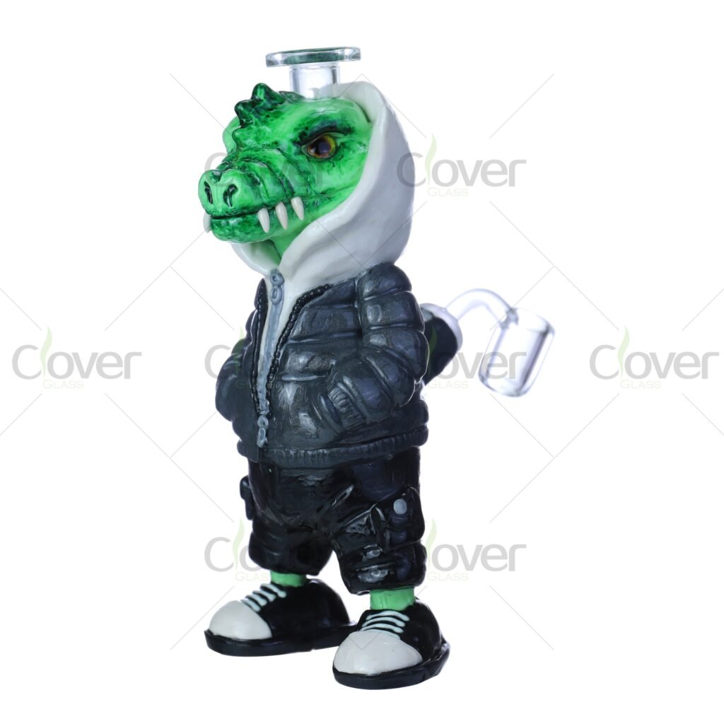Crocodile Hoodie Glow 3D Painted Bong – Glow-in-the-Dark Handcrafted Croc-Head Dab Rig