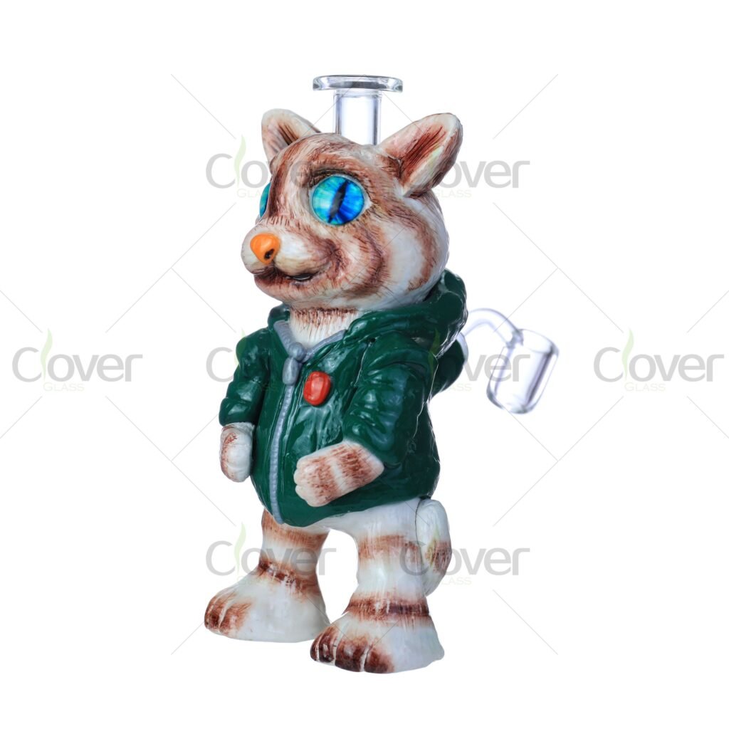 Cat Warrior 3D Painted Bong – Glow-in-the-Dark Handcrafted Animal Dab Rig with Quartz Banger
