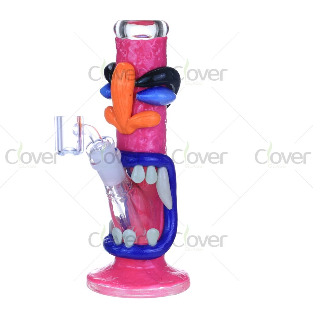 8.66" Pink Monster Face Bong – Glow in the Dark 3D Painted Dab Rig with UV Reactive Teeth (5mm Thick)