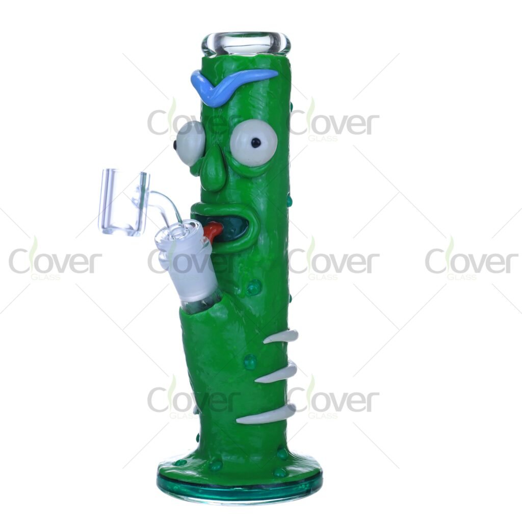 8.66" Green Monster Pickle Glass Bong – UV Reactive Glow & 3D Cartoon Design | 5mm Thick