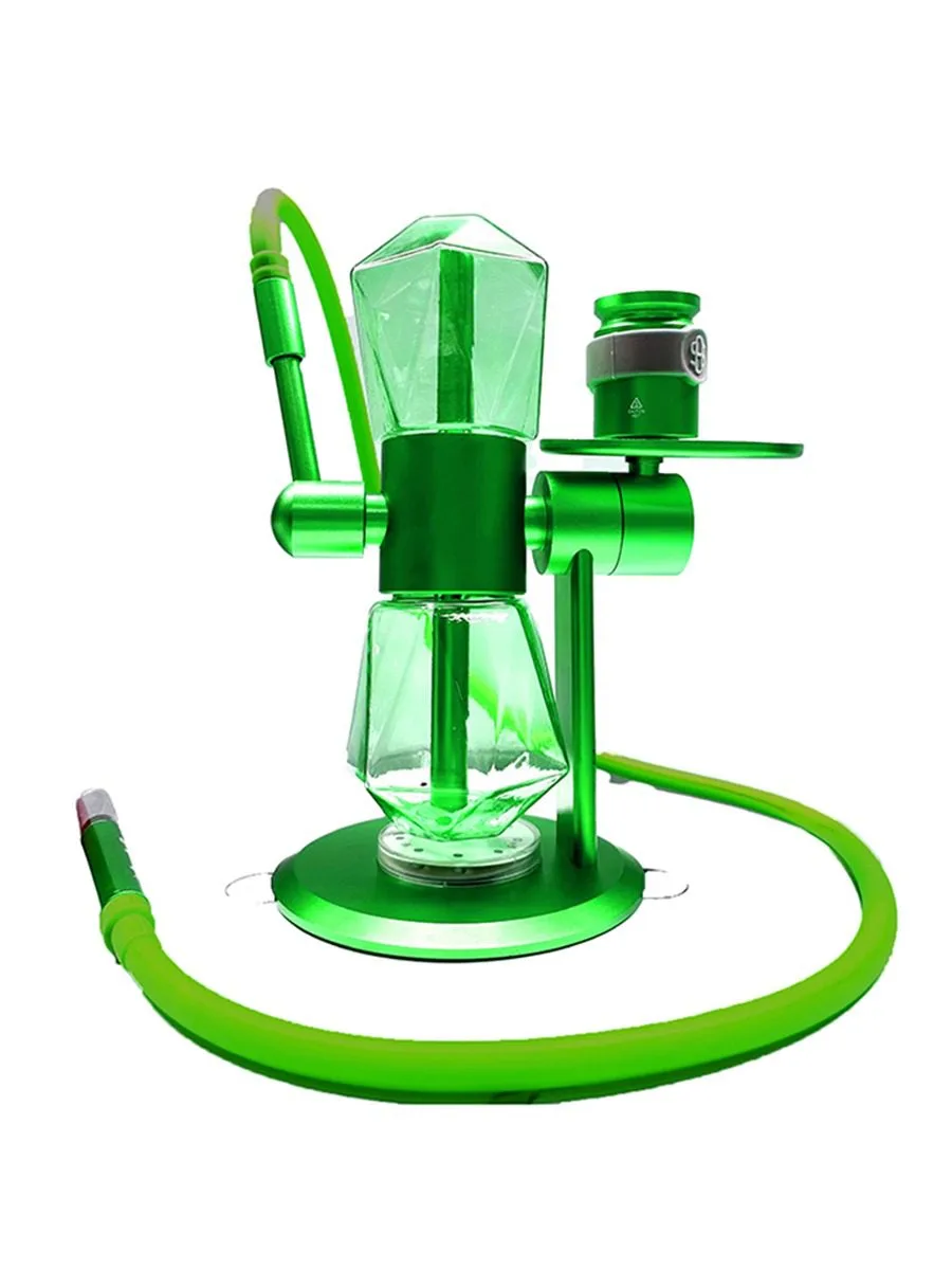 Vibrant green modern hookah with geometric diamond glass chamber and matching silicone hose.