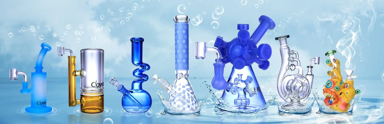 Colorful glass bongs and dab rigs with water splashes on a blue background.