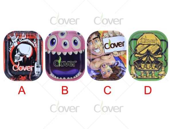 Custom metal rolling tray with cartoon and monster prints, perfect for herb rolling. Wholesale smoke shop supply by Clover Glass.