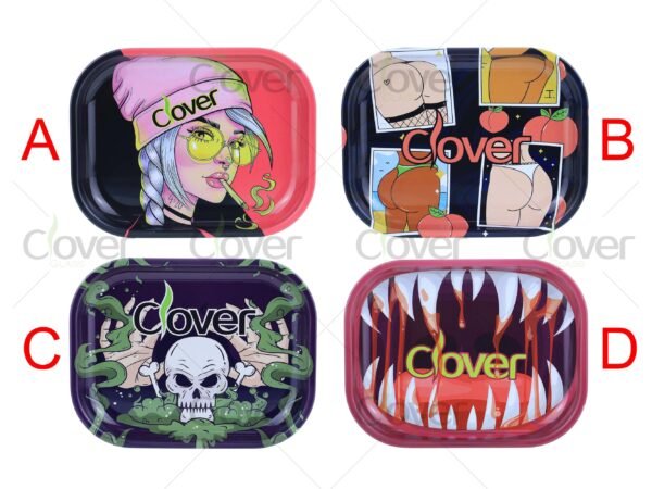 Custom metal rolling tray with cartoon and monster prints, perfect for herb rolling. Wholesale smoke shop supply by Clover Glass.