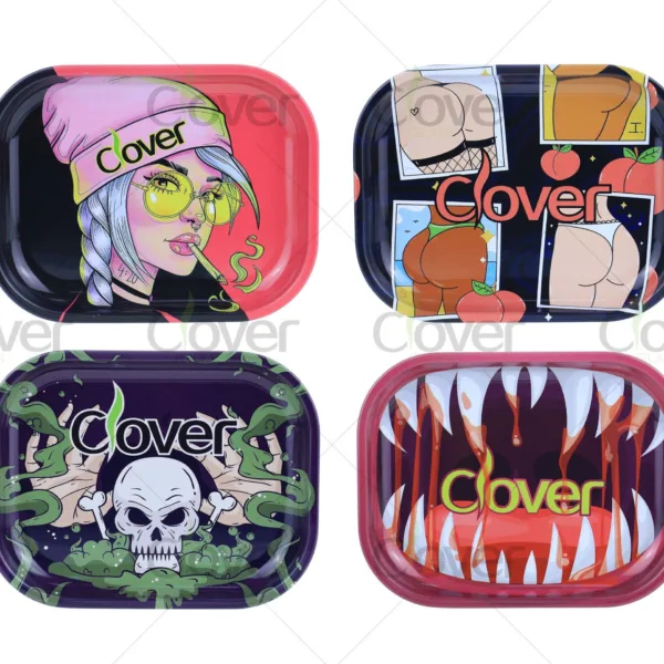 Custom metal rolling tray with cartoon and monster prints, perfect for herb rolling. Wholesale smoke shop supply by Clover Glass.