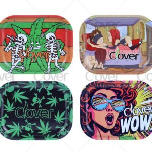 Custom metal rolling tray with cartoon and monster prints, perfect for herb rolling. Wholesale smoke shop supply by Clover Glass.