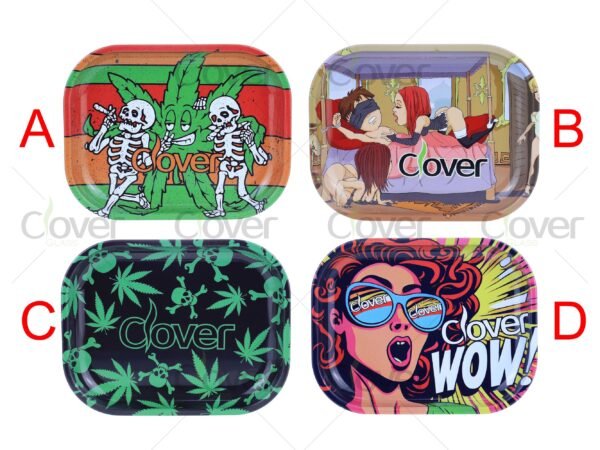 Custom metal rolling tray with cartoon and monster prints, perfect for herb rolling. Wholesale smoke shop supply by Clover Glass.