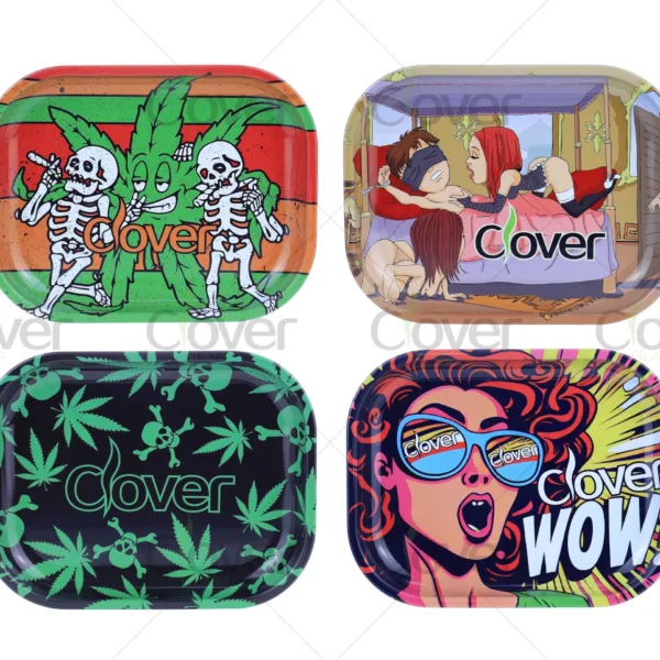 Custom metal rolling tray with cartoon and monster prints, perfect for herb rolling. Wholesale smoke shop supply by Clover Glass.
