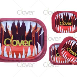 Horror-themed Blood Fang rolling tray set with multiple sizes, made of durable metal with scratch-resistant red fang design. Clover Glass wholesale