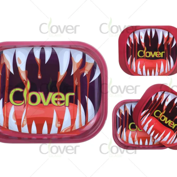 Horror-themed Blood Fang rolling tray set with multiple sizes, made of durable metal with scratch-resistant red fang design. Clover Glass wholesale