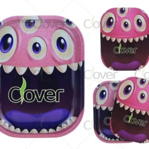 Cute cartoon monster rolling tray set with pink multi-eye design. Durable metal trays by Clover Glass for herb rolling and wholesale resale