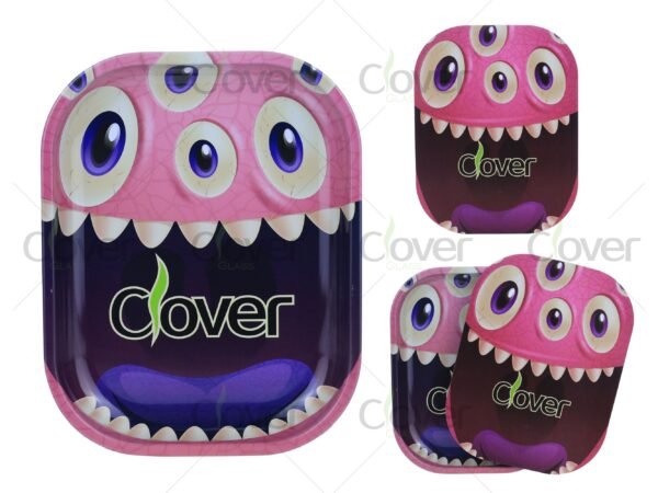 Custom metal rolling tray with cartoon and monster prints, perfect for herb rolling. Wholesale smoke shop supply by Clover Glass.