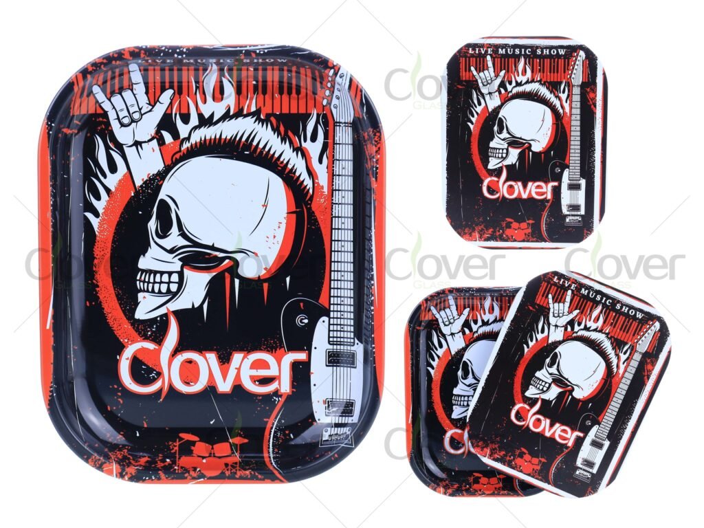 Rock Skull Metal Rolling Tray Set – Punk Guitar Art | Wholesale by Clover Glass
