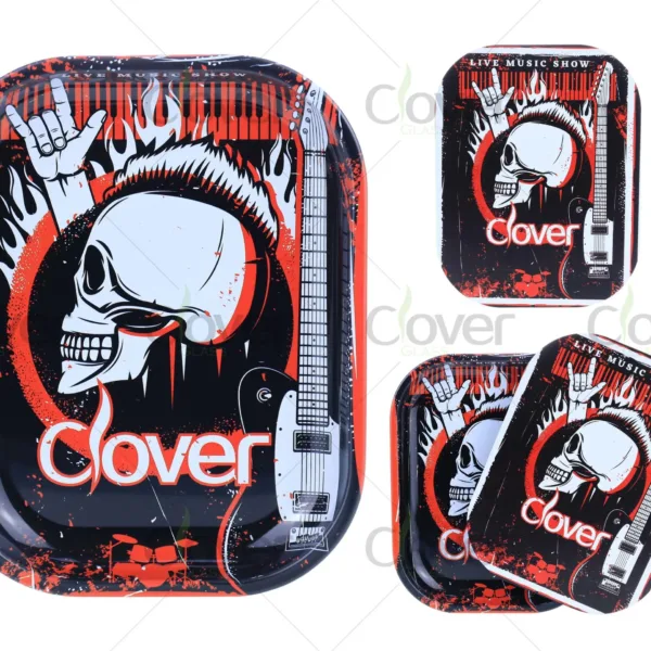 Red punk rock skull rolling tray set with guitar and flame artwork. Durable metal trays by Clover Glass for smoke shops and bulk resale