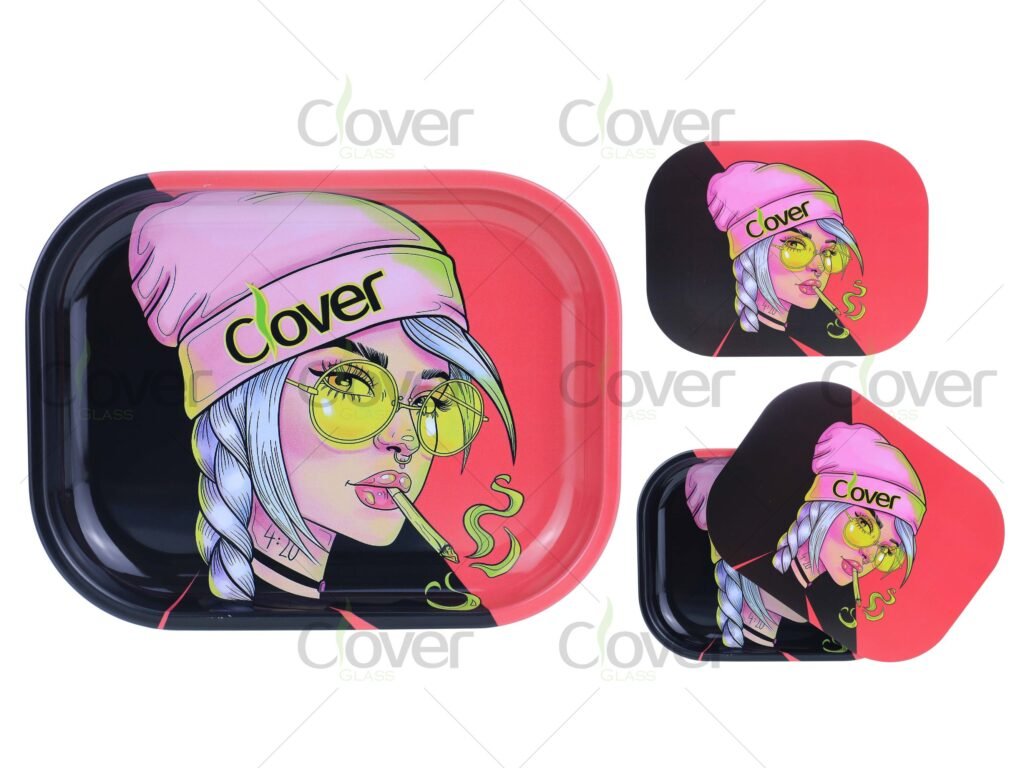 420 Girl Rolling Tray Set – Pink & Black Metal Trays | Wholesale by Clover Glass
