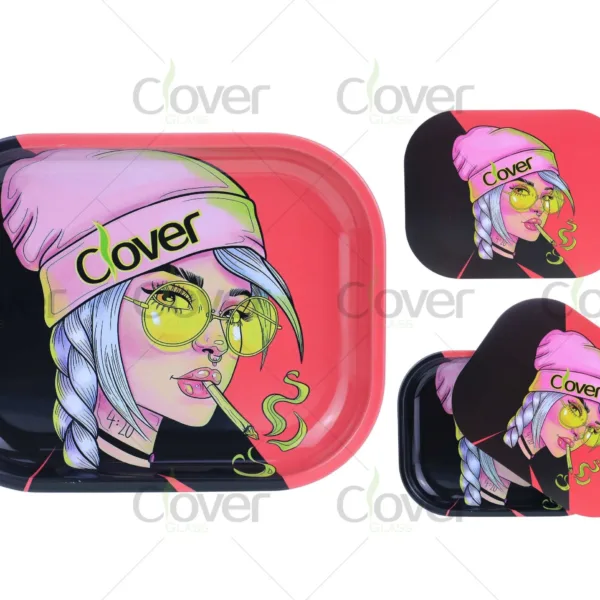 Rolling tray set with 420 girl cartoon in pink and black, metal construction, perfect for cannabis accessories resellers. By Clover Glass