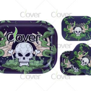 Dark skull and green smoke rolling tray set with toxic theme. Durable metal trays by Clover Glass, wholesale-ready for herb accessory stores