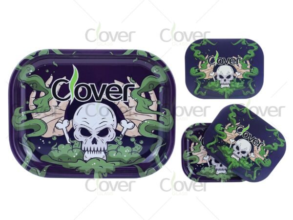 Custom metal rolling tray with cartoon and monster prints, perfect for herb rolling. Wholesale smoke shop supply by Clover Glass.