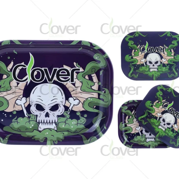 Dark skull and green smoke rolling tray set with toxic theme. Durable metal trays by Clover Glass, wholesale-ready for herb accessory stores