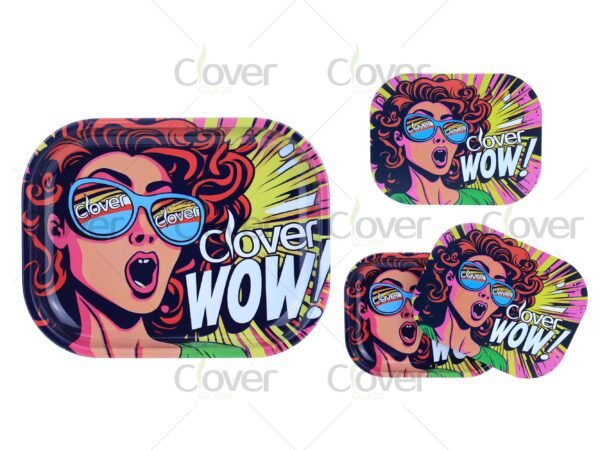 Custom metal rolling tray with cartoon and monster prints, perfect for herb rolling. Wholesale smoke shop supply by Clover Glass.