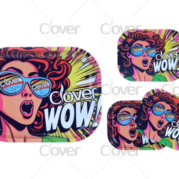 Retro pop art rolling tray set with WOW girl comic design. Colorful metal trays by Clover Glass, wholesale-ready for trendy smoke shops