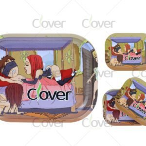 Sexy cartoon dungeon rolling tray set with adult-themed comic art. Metal trays by Clover Glass, great for novelty smoke shops and 420 gift packs