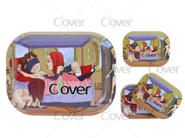 Custom metal rolling tray with cartoon and monster prints, perfect for herb rolling. Wholesale smoke shop supply by Clover Glass.