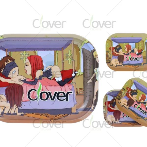Sexy cartoon dungeon rolling tray set with adult-themed comic art. Metal trays by Clover Glass, great for novelty smoke shops and 420 gift packs
