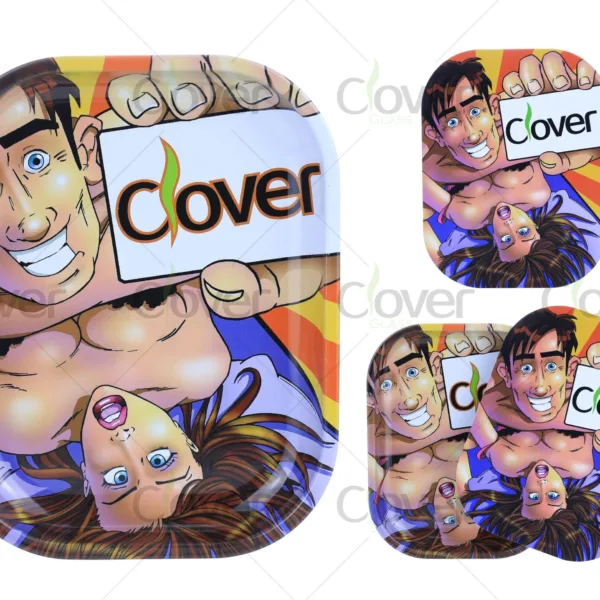 Funny cartoon couple rolling tray set with selfie-style artwork, Clover logo branding. Metal trays for 420 smoking, wholesale by Clover Glass