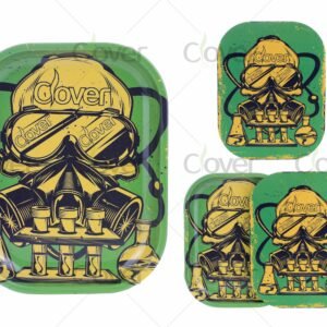 Science lab skull rolling tray set with green and yellow chemical artwork. Durable tinplate metal trays by Clover Glass, ideal for 420 accessory stores