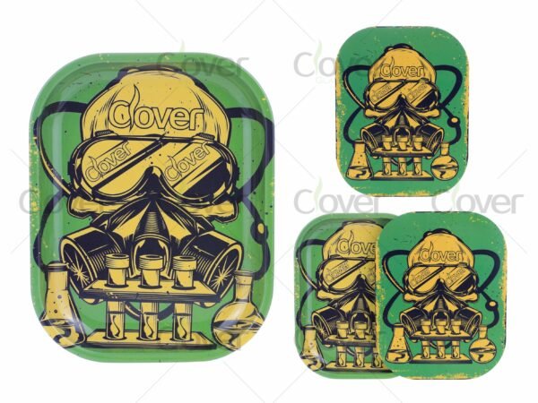 Custom metal rolling tray with cartoon and monster prints, perfect for herb rolling. Wholesale smoke shop supply by Clover Glass.