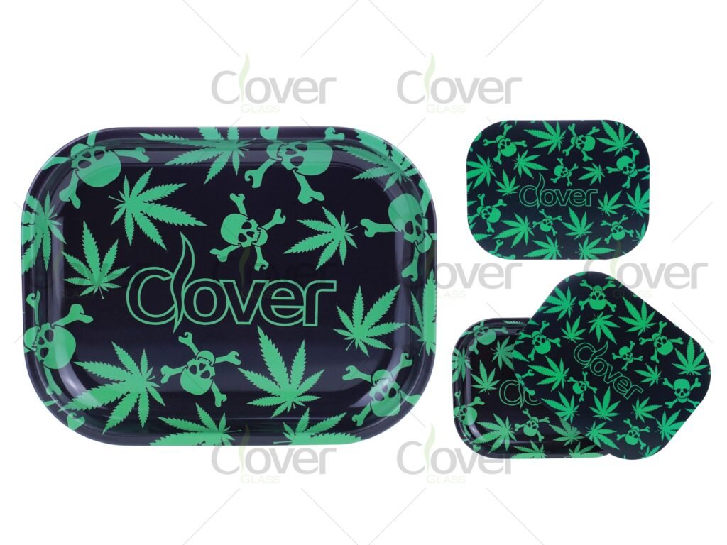 Leaf & Skull Rolling Tray Set – Classic Weed Pattern Metal Trays | Clover Glass