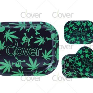 Metal rolling tray set with green weed leaf and skull pattern on black background. Classic stoner design, wholesale from Clover Glass
