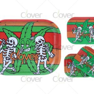 Rasta weed rolling tray set with reggae color stripes and dancing skeletons. Metal trays by Clover Glass, perfect for 420 shops and cultural events.