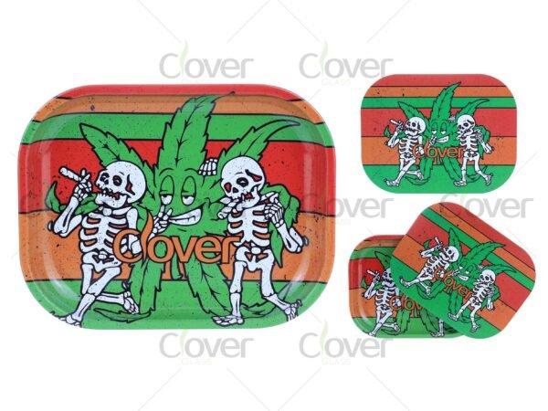 Custom metal rolling tray with cartoon and monster prints, perfect for herb rolling. Wholesale smoke shop supply by Clover Glass.