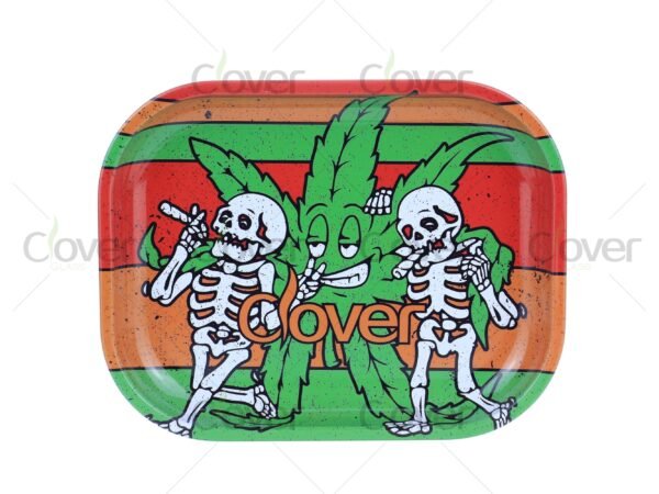 Custom metal rolling tray with cartoon and monster prints, perfect for herb rolling. Wholesale smoke shop supply by Clover Glass.