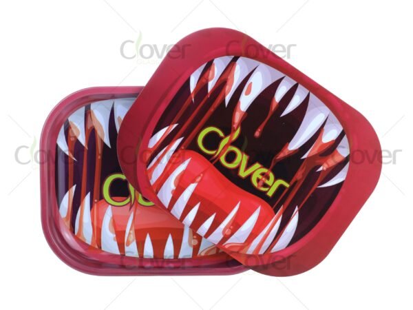 Custom metal rolling tray with cartoon and monster prints, perfect for herb rolling. Wholesale smoke shop supply by Clover Glass.