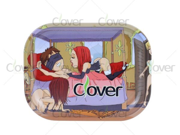 Custom metal rolling tray with cartoon and monster prints, perfect for herb rolling. Wholesale smoke shop supply by Clover Glass.