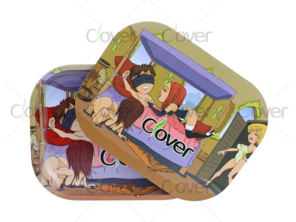 Custom metal rolling tray with cartoon and monster prints, perfect for herb rolling. Wholesale smoke shop supply by Clover Glass.