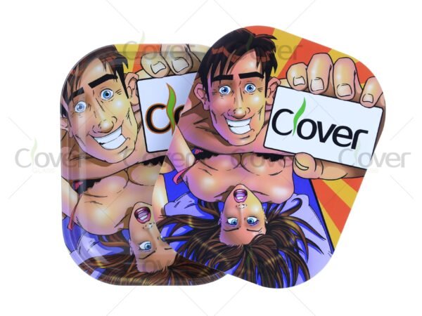 Custom metal rolling tray with cartoon and monster prints, perfect for herb rolling. Wholesale smoke shop supply by Clover Glass.