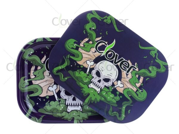 Custom metal rolling tray with cartoon and monster prints, perfect for herb rolling. Wholesale smoke shop supply by Clover Glass.