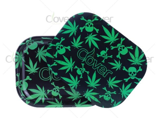 Custom metal rolling tray with cartoon and monster prints, perfect for herb rolling. Wholesale smoke shop supply by Clover Glass.