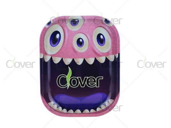 Custom metal rolling tray with cartoon and monster prints, perfect for herb rolling. Wholesale smoke shop supply by Clover Glass.