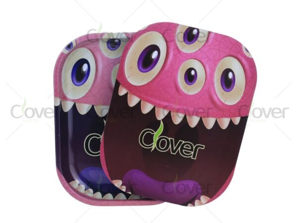 Custom metal rolling tray with cartoon and monster prints, perfect for herb rolling. Wholesale smoke shop supply by Clover Glass.