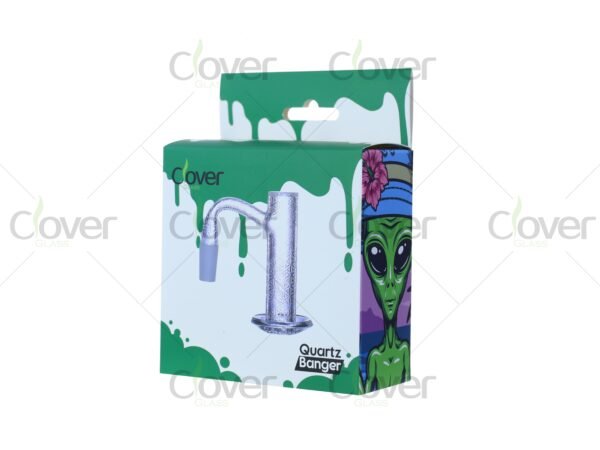 Laser-etched quartz banger with pedestal base and bent neck — textured glass dab nail with 14mm male joint in alien-themed box by CloverGlass