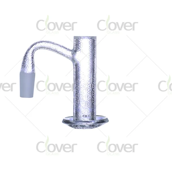 Laser-etched quartz banger with pedestal base and bent neck — textured glass dab nail with 14mm male joint in alien-themed box by CloverGlass