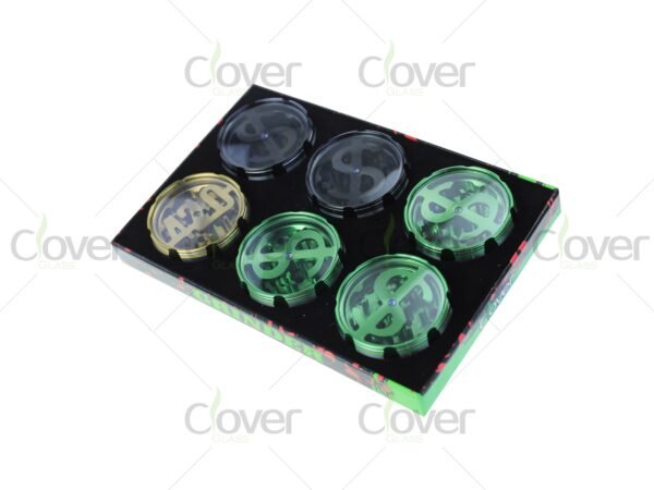 420 and dollar sign metal herb grinders with clear top — 4-piece spice crushers in assorted colors and 6-pack retail box by CloverGlass