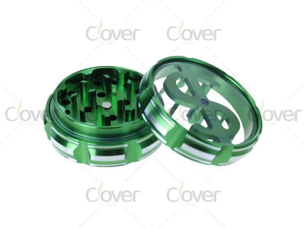 420 and dollar sign metal herb grinders with clear top — 4-piece spice crushers in assorted colors and 6-pack retail box by CloverGlass