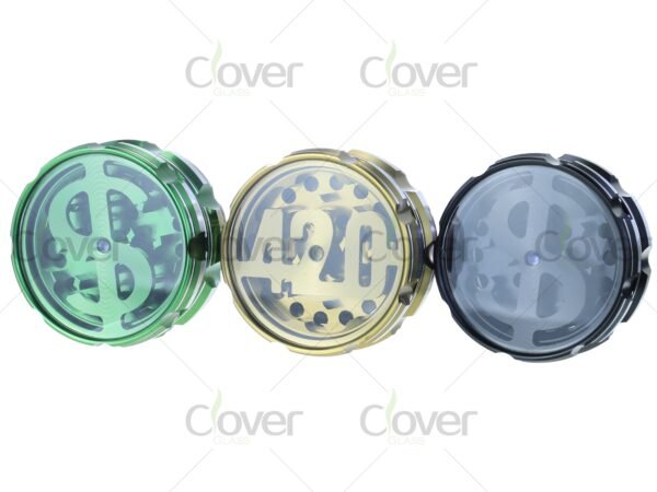 420 and dollar sign metal herb grinders with clear top — 4-piece spice crushers in assorted colors and 6-pack retail box by CloverGlass